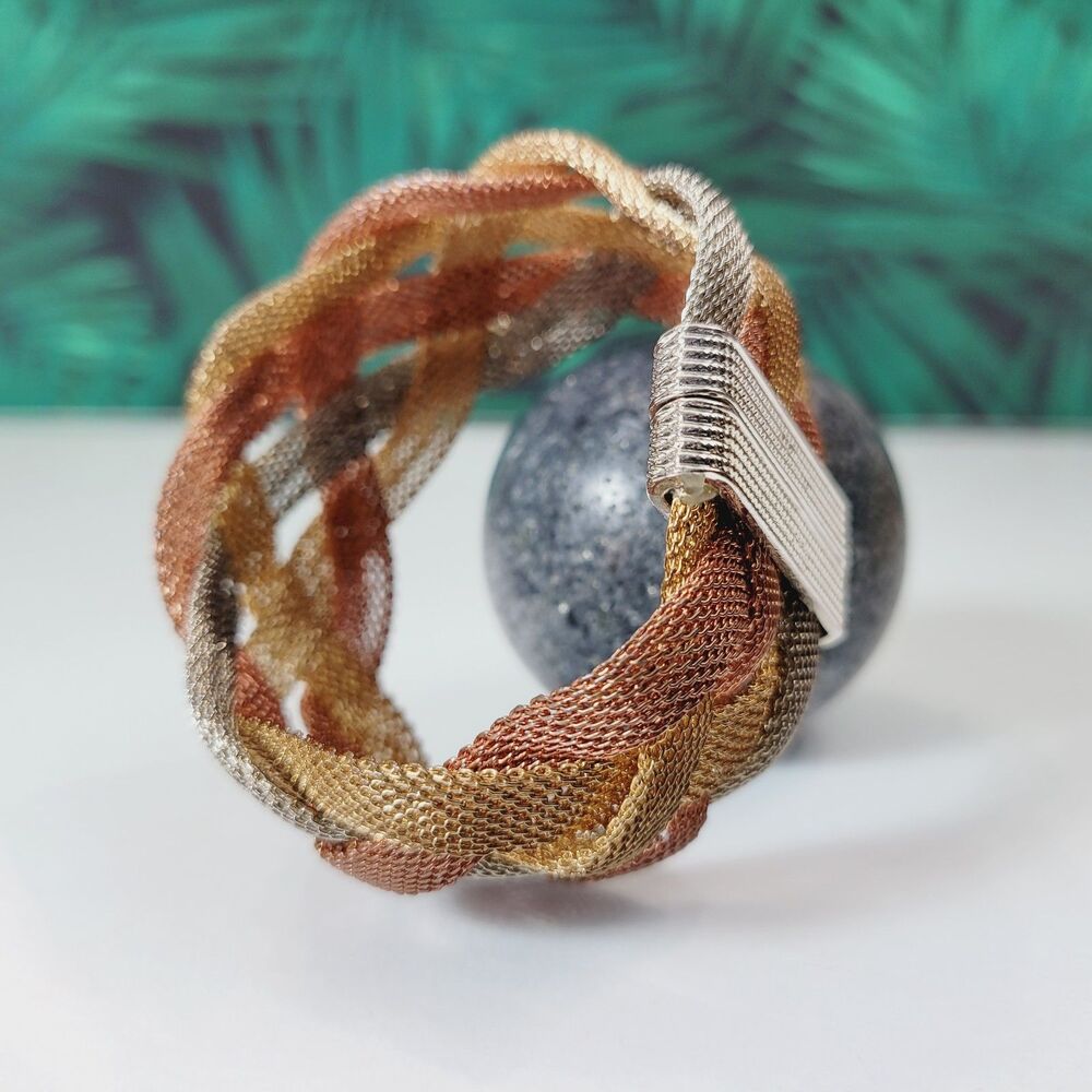 Woven Mesh Braided Mixed Metal Bracelet magnetic clasp 7.5'' thick